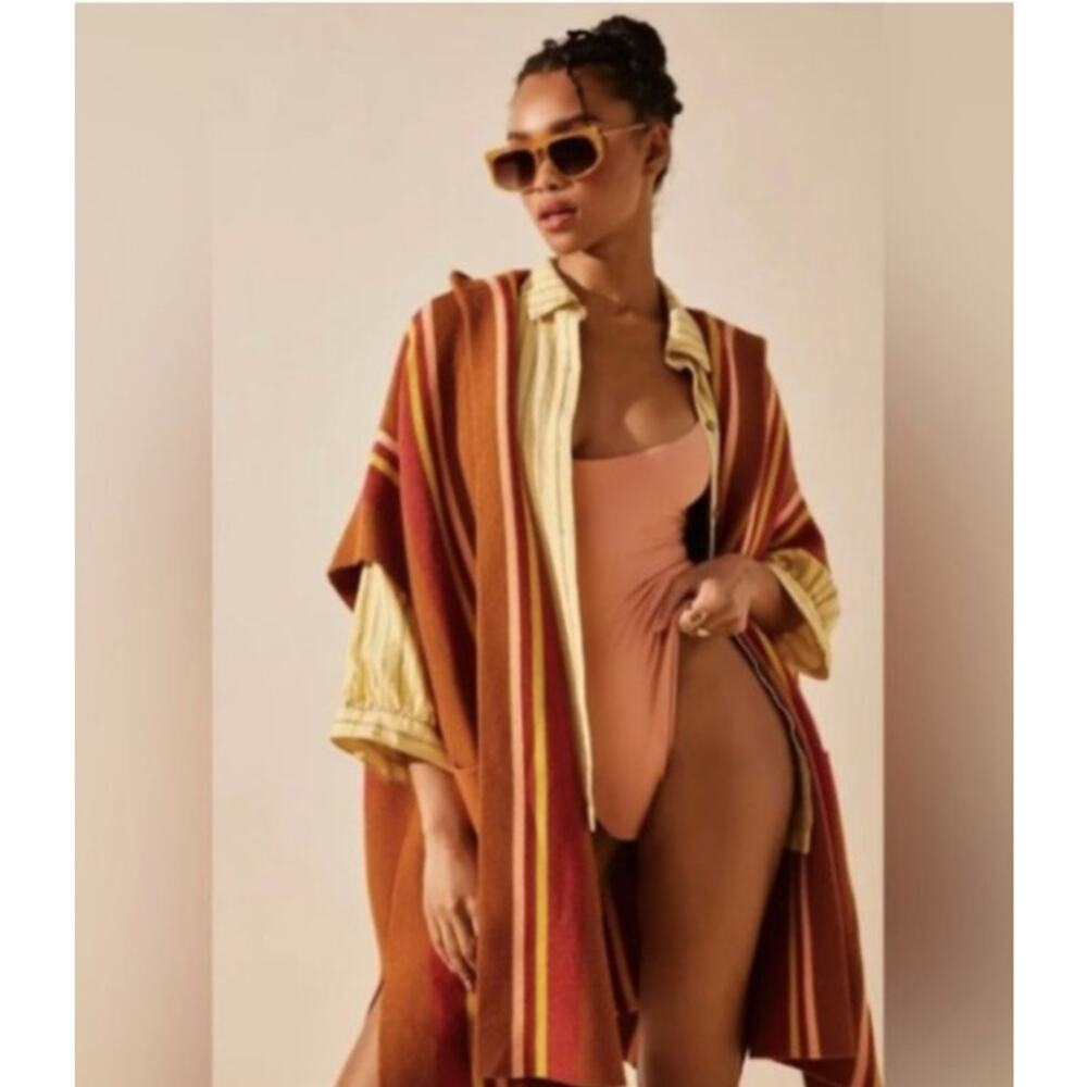 Free People All I Need Is Stripe Poncho One Size Hooded Open Front Festival